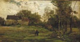 Charles-Francois Daubigny Landschap met boerderijen en bomen. France oil painting art